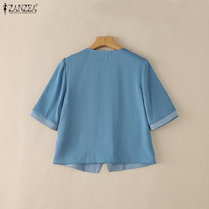 ZANZEA Women Summer V-Neck Splice Lace Casual Short Sleeve Blouse
