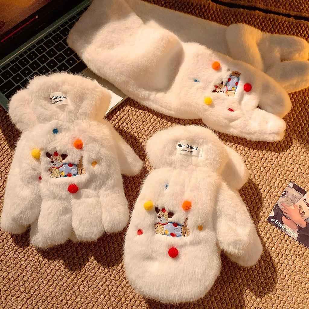 Cartoon polka dot puppy five-finger gloves female cute plush thickened warm neck windproof and cold proof