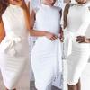 Women Solid Color Sexy Lace Patchwork Cap Sleeve Slim Fit Party Dress with Sash