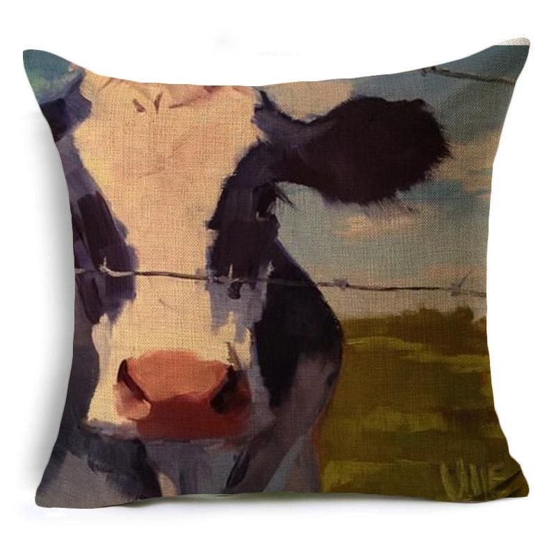 Retro Oil Painting Animals, Cow, Pig and Dog, Linen Pillow, Pillow Case, Pillow