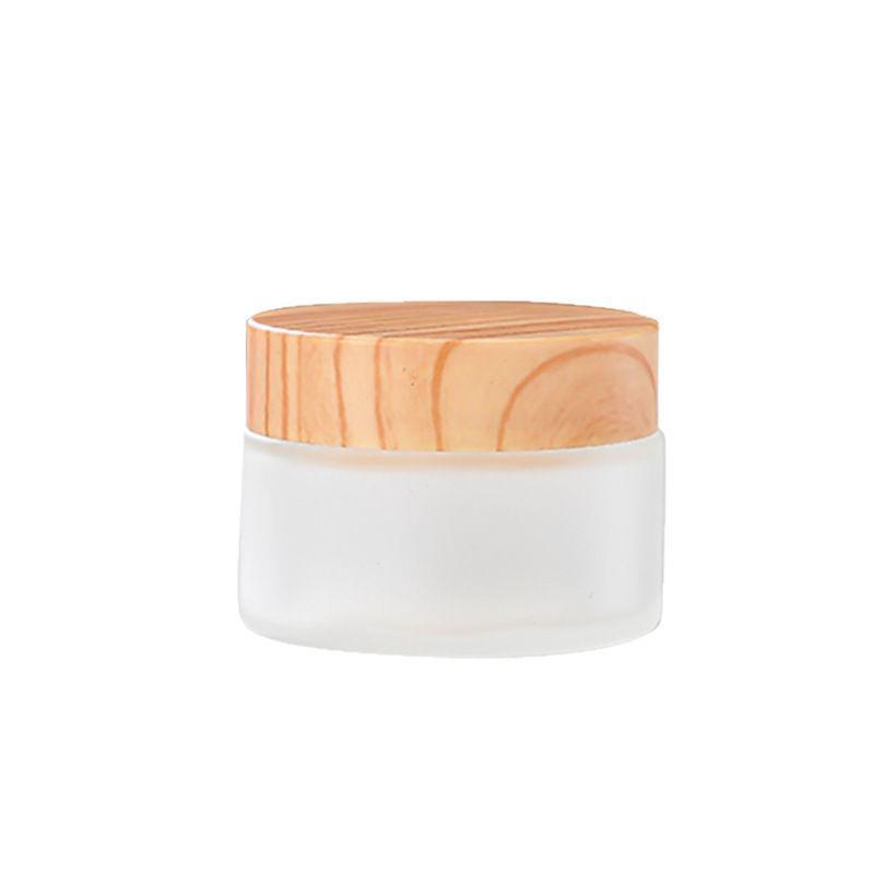 Frosted Glass Cream Jar with Wood Grain Lid for Refillable Cosmetics