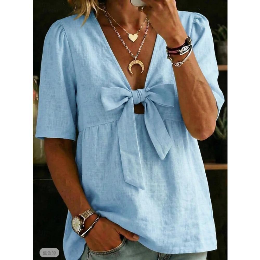 Women New Summer Fashion Loose Casual V-neck Tie Bow Blouse S небесно-голубой