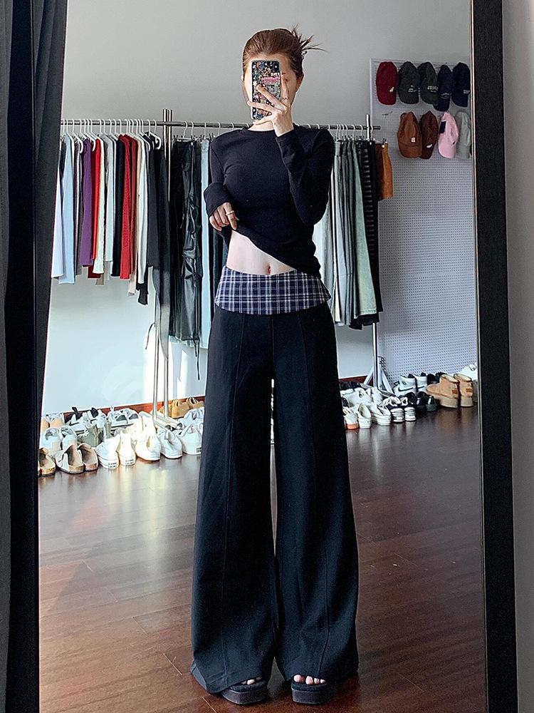 Women's High-Waisted Black Plaid Wide-Leg Patchwork Pants - Autumn 2025 Collection