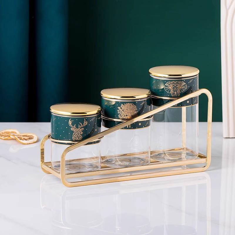 Food Storage Container, Glass Sealed Jar with Lid, Kitchen Storage Bottle, Household Moisture-proof Tea Can, Metal Rack