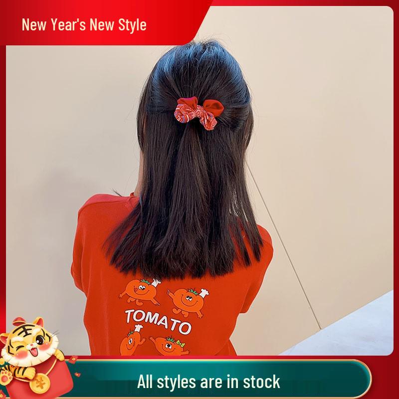 Children's Chinese New Year Red Embroidered Bow Hair Clip & Ties for Hanfu Style