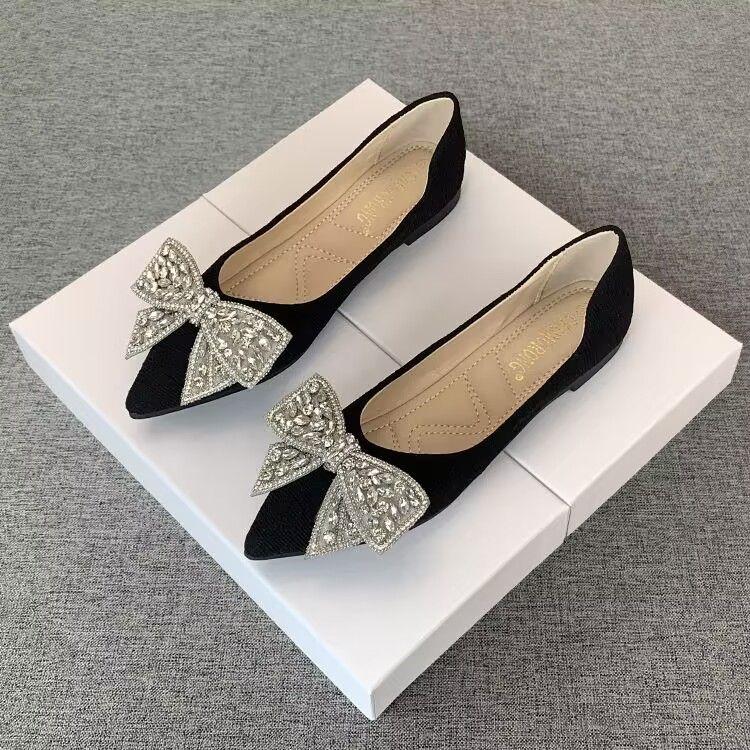 Sommar Strass Med Rosett Dam Ballerinaskor Stilfulla Eleganta Vardagliga 2025 Trend Social Populär Försäljningspunkt Spetsig Tå Slip-on Skor för Kvinnor