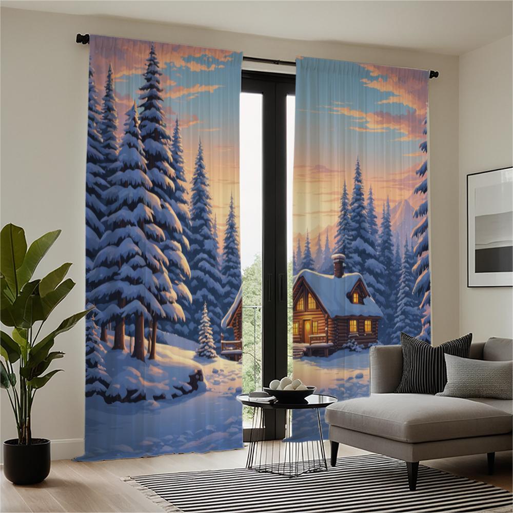 Piece Set High Definition Digital Printed Curtainwinter Snowy Forest Cabin Warm Light Curtainshome Decoration St Curtain Polyester With Rod Pocket