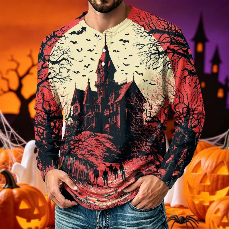 Men Henley Long Sleeve T‑Shirt Halloween 3D Print Pumpkin Ghost Bat Spider Web Graphic Holiday Party Casual Tee
