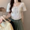 Black Square Neck Knitted Short Sleeved T-shirt for Women with Summer Design Sense Lace Lace Lace Slim Fit and Slimming Top