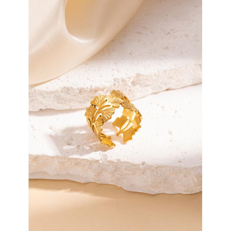 Retro Titanium Steel Irregular Leaf Butterfly Open Ring for Women