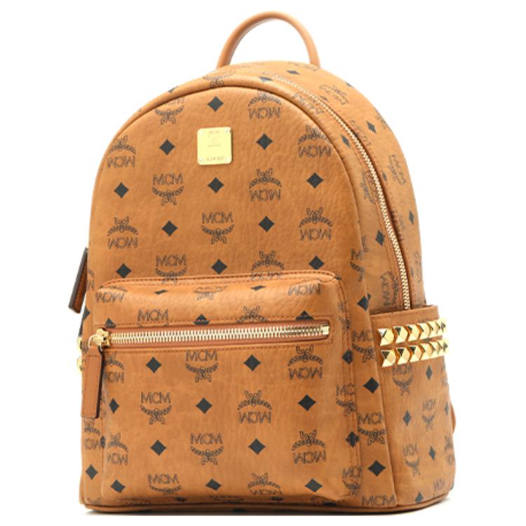 MCM Stark Classic Monogram Oboustranný s cvočky Batoh na dojíždění a párty z plátna a kůže Unisex batoh Hnědý Cognac MMKAAVE15CO001