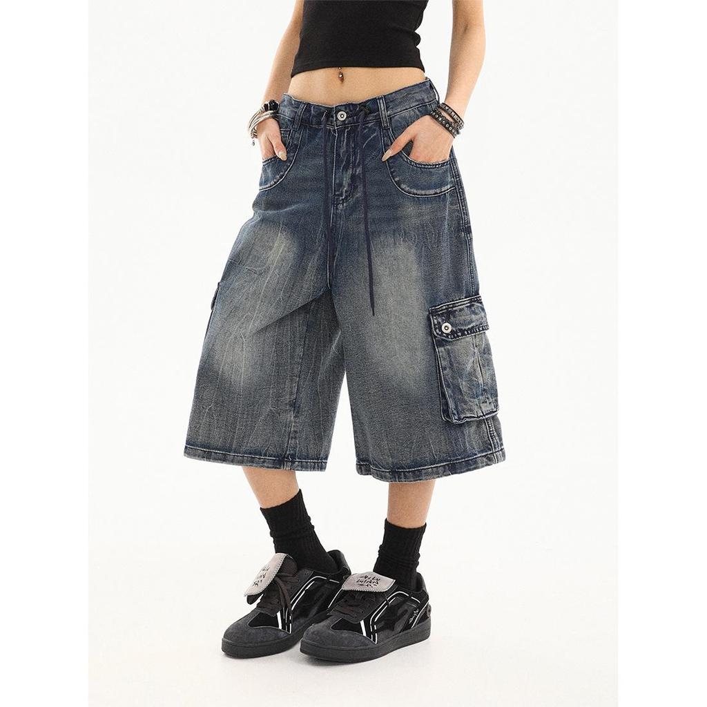 American Retro Women's Denim Capri Pants - Distressed, Multi-Pocket, Loose Straight Leg Design