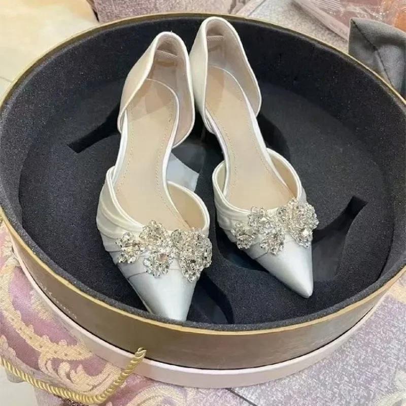 Fashion Elegant Woman Heeled Shoes 2025 New Slip on High Heels Fashion Party Pumps Women's Crystal Pointed Toe Shallow Thin Heel Sandals