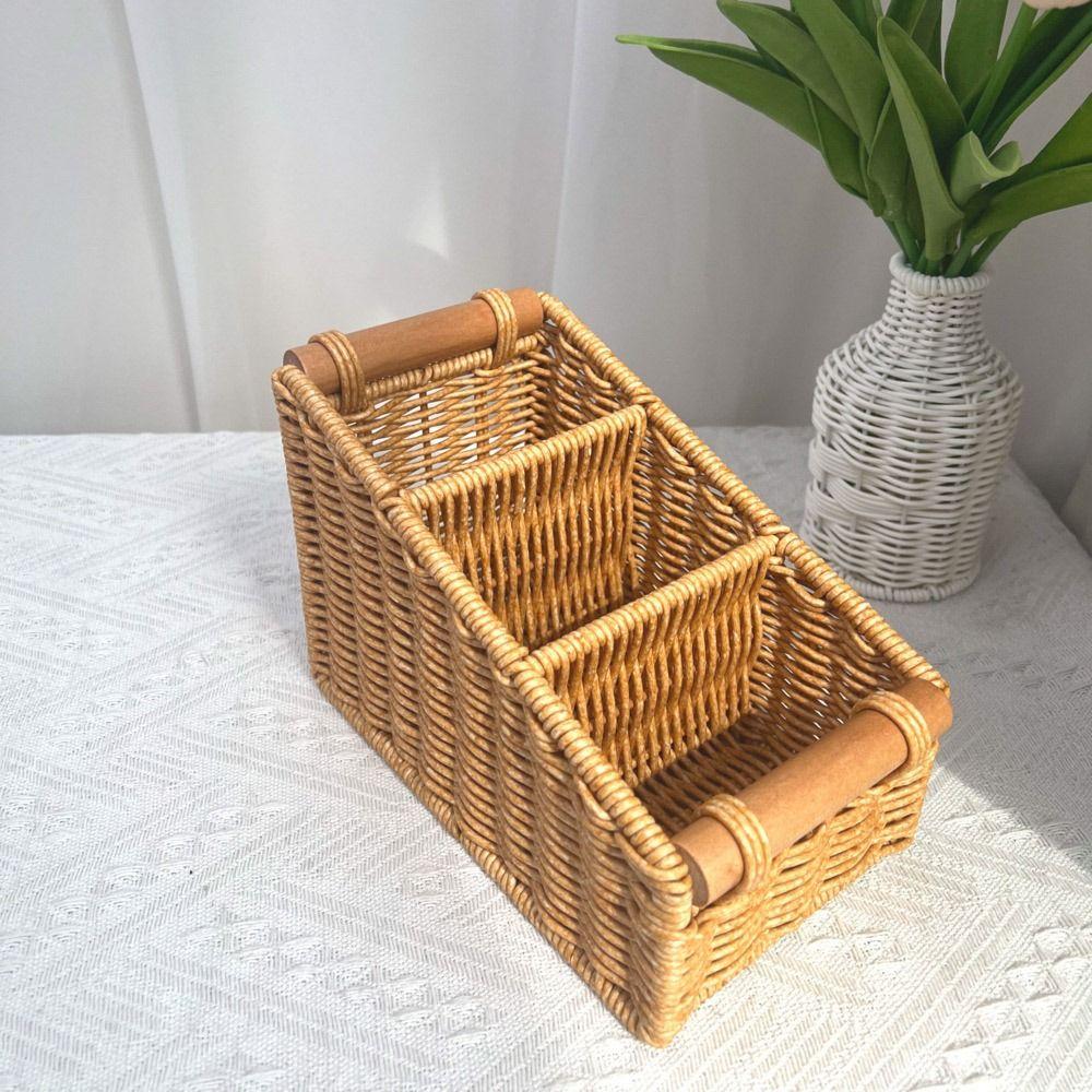 Multi-porpose Compartmentalized Storage Box Brown Plastic Sundries Organization Box Bevel Step Divided Grids Weaving Basket