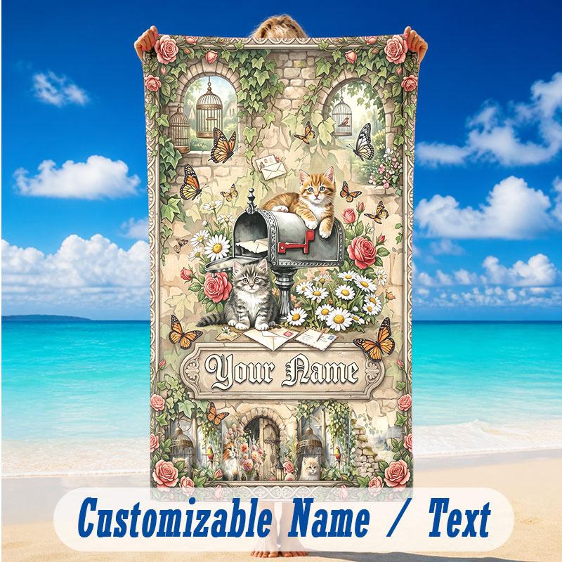 Cat Theme Beach Towel Personalized Custom Name & Text Soft Quick Dry Beach Towel for Swimming Travel