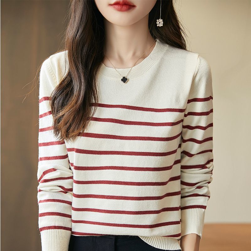 Striped Knitted Base Sweater for Women Loose Fitting Sweater for Slimming Long Sleeved Top