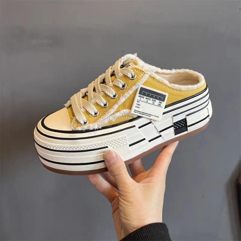 Women's Slippers Canvas Platform Sole Lace-up Decoration Round Toe Women's Mules Leisure Dress One Kick 2025 Zapatillas De Mujer