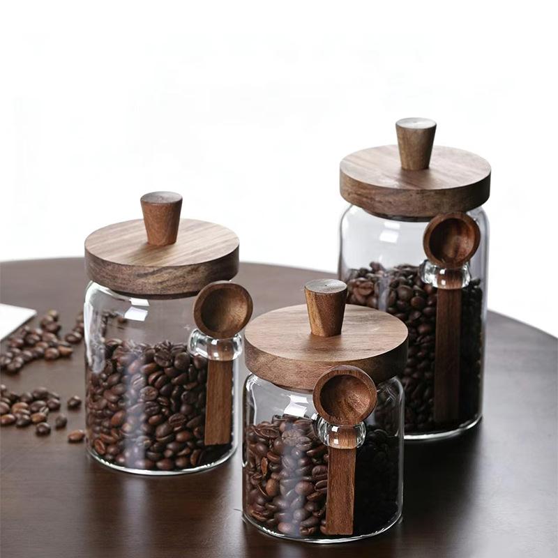Creative High Borosilicate Glass Sealed Jar with Wooden Lid Storage Jar Coffee Tea Storage Bottle Grain Storage Bottle Container