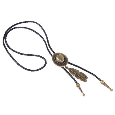 Schwarze PU-Leder-Western-Rodeo-Bolo-Krawatte-Bola-Halskette, antikes Messing