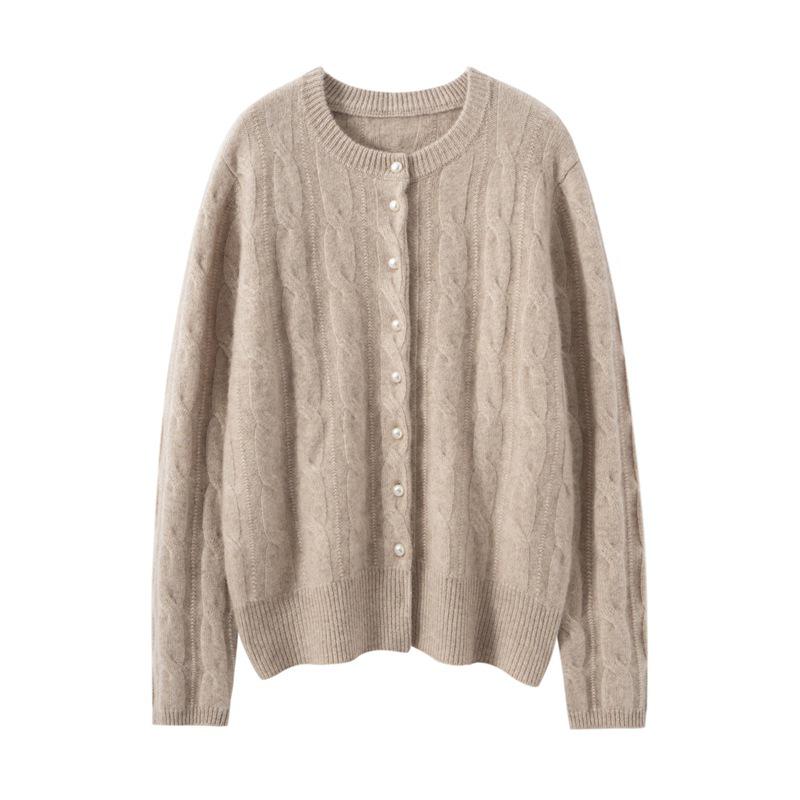 Soft Cashmere Knit Cardigan - Women's Autumn/Winter Solid Color Single-Breasted Cable Knit Round Neck Outerwear