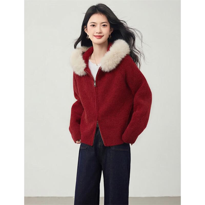 Women's Faux Fur Collar Hooded Zipper Knitted Cardigan