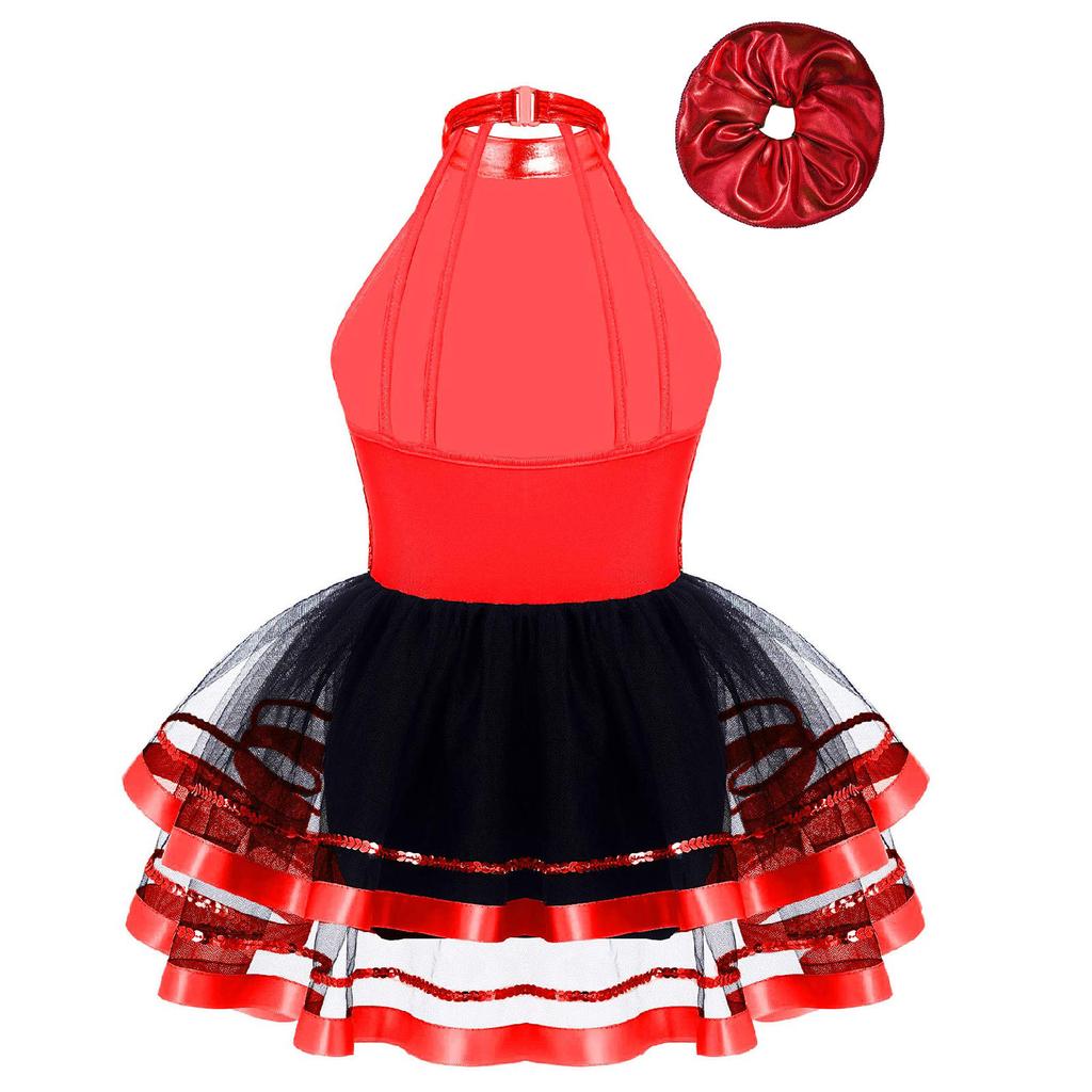 Rochie Tutu Strălucitoare cu Paiete, Fără Mâneci, cu Spatele Gol, pentru Fete, Costum pentru Spectacol de Dans, Accesorii de Păr