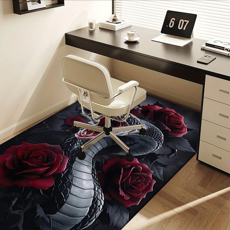 Black Snake and Red Roses Chair Mat Office Carpet, Oversized Rug for Home Decor, Desk Pad Gift, Suitable for Bedroom, Living Room, Various Rooms