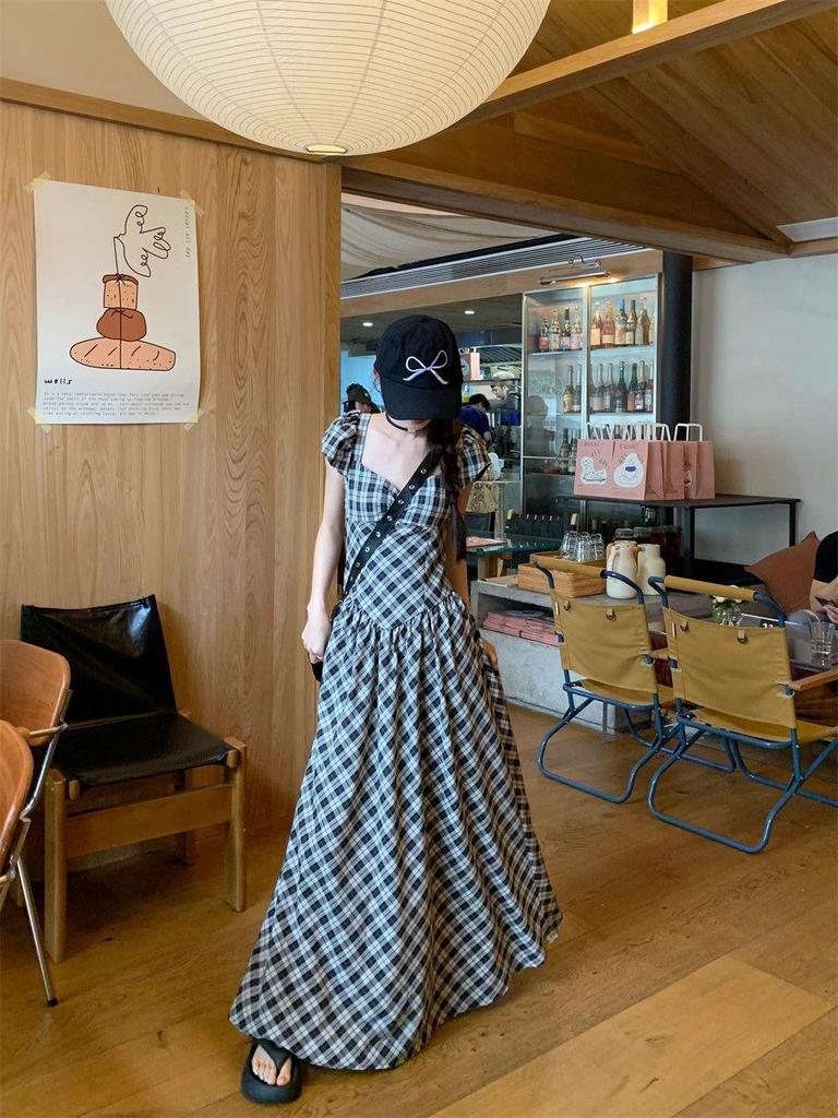 French Retro Plaid Puff Sleeve A-line Dress: Elegant Backless Square Neck Summer Style