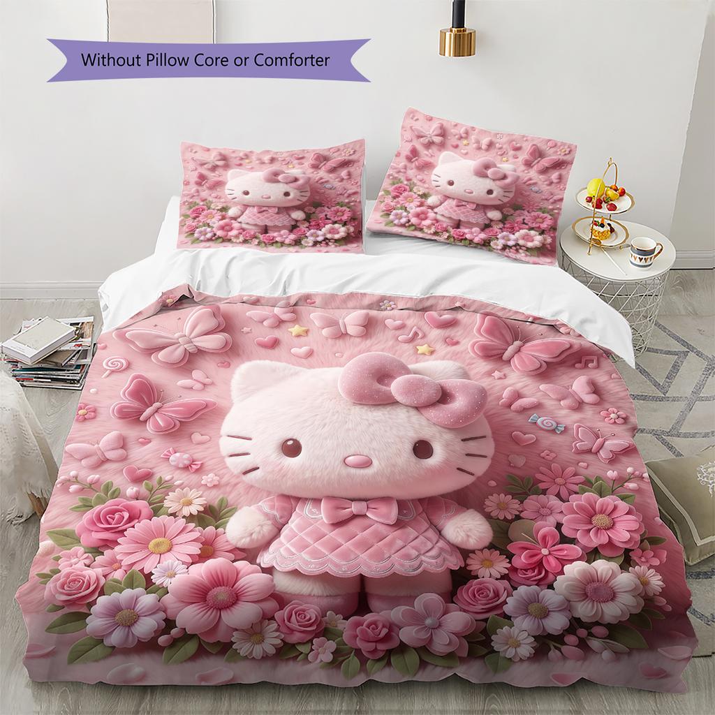 Hello Kitty Pink Pattern Bedding,Quilt Set Quilt Cover Pillowcase Home Birthday Gift(1 * duvet cover + 2 * pillowcase, without core)
