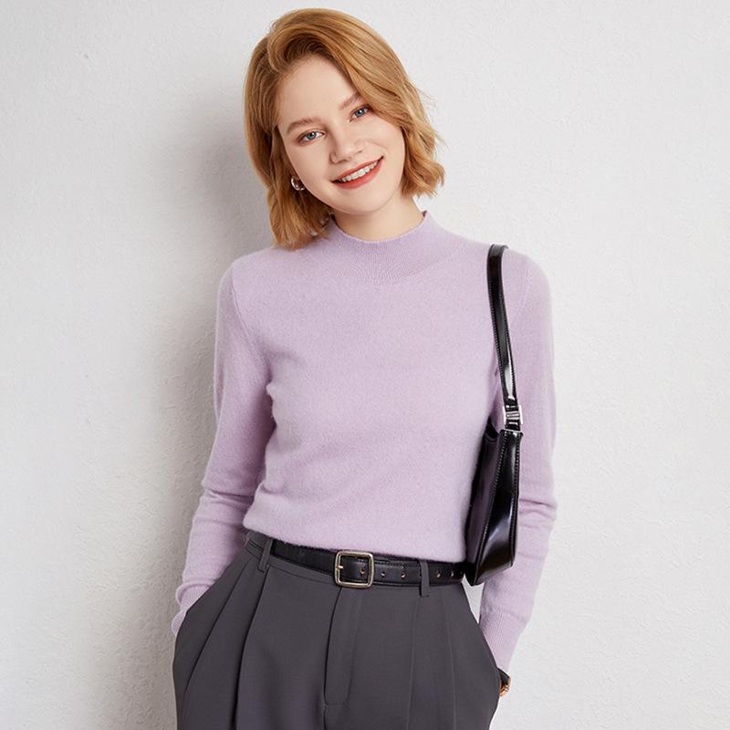 Women's Loose Fit Cashmere Half-High Neck Sweater - Soft, Classic Autumn/Winter Knit Base Layer
