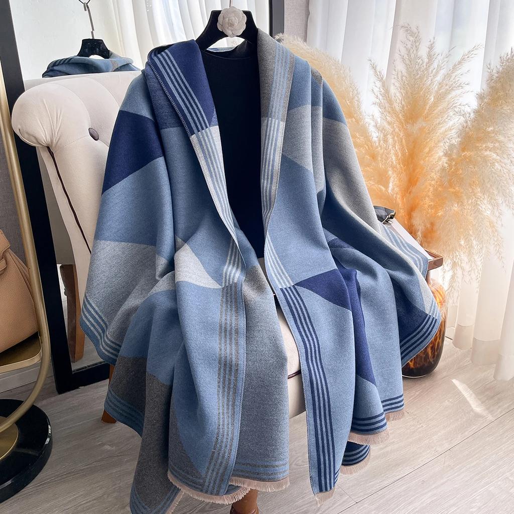 Winter Blanket Scarf Shawl For Women Warm Pashmina Geometric Color Blocks Print Wrap Imitation Cashmere Foulard Scraves
