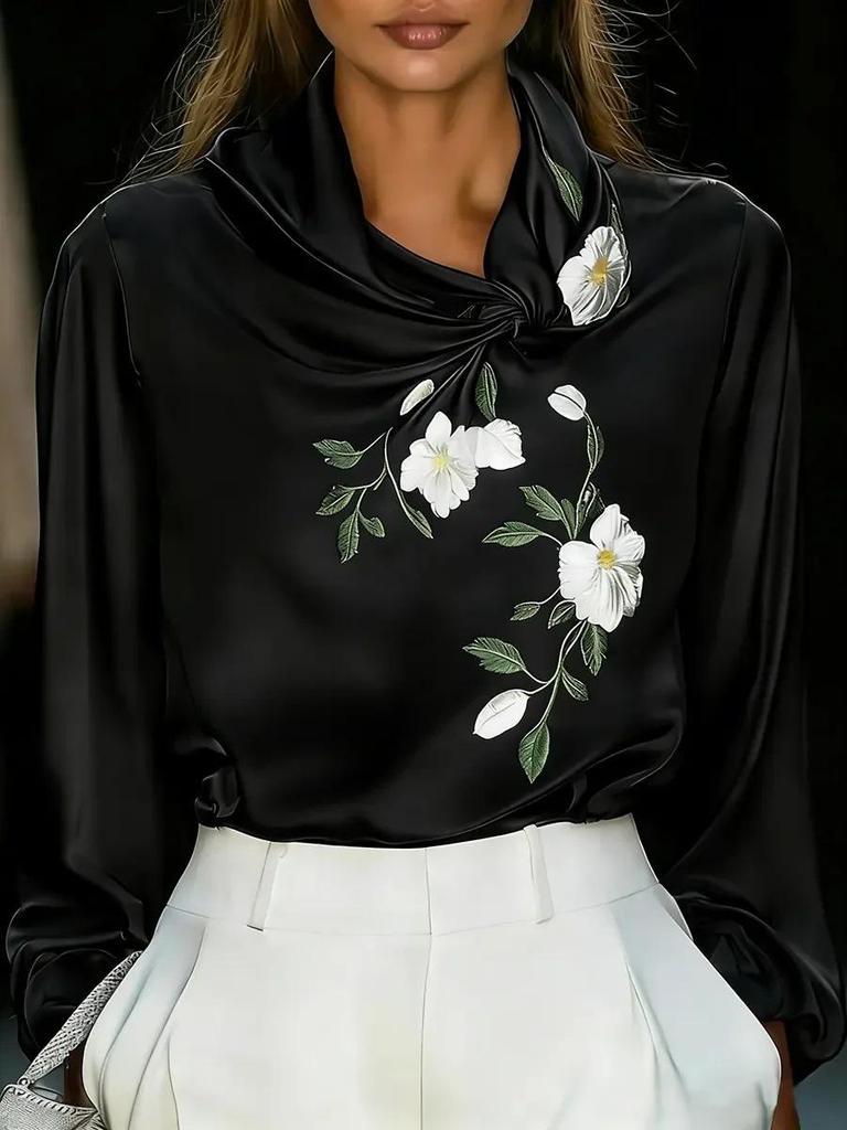 2026 Spring Women's Stand Collar Printed Satin Top - Casual Long Sleeve Shirt