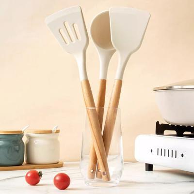 3Pcs Non-slip Silicone Spoon Shovel Heat Resistant Wooden Handle Non-Stick Spatula Hanging Beige Pot Spatula Set Household
