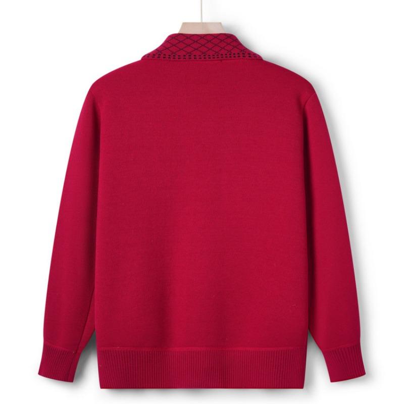 Grandma lapel fleece knitted sweater cardigan women's middle aged mother thickened sweater autumn and winter coat