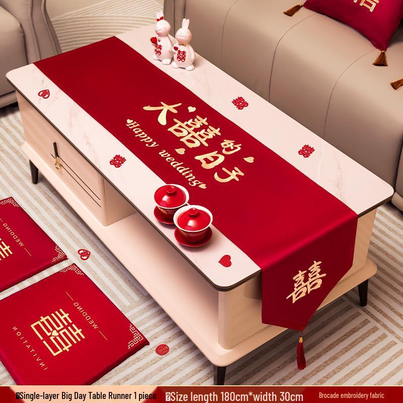 Wedding Table & Room Decoration Set: Red Coffee Table Runner & Dining Cloth, TV Stand Cover