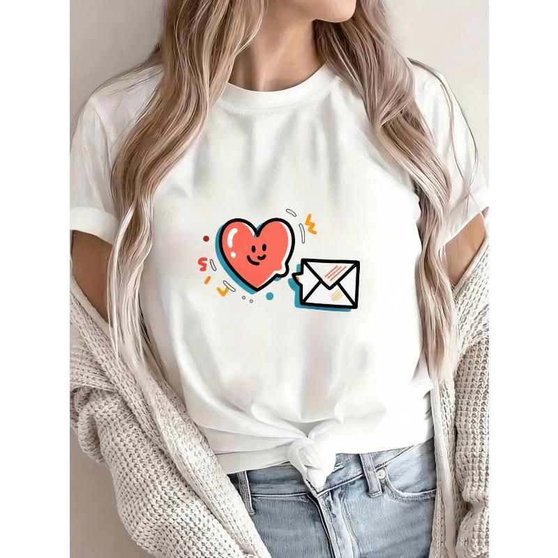White T Shirt With Heart And Envelope Print For Casual Wear