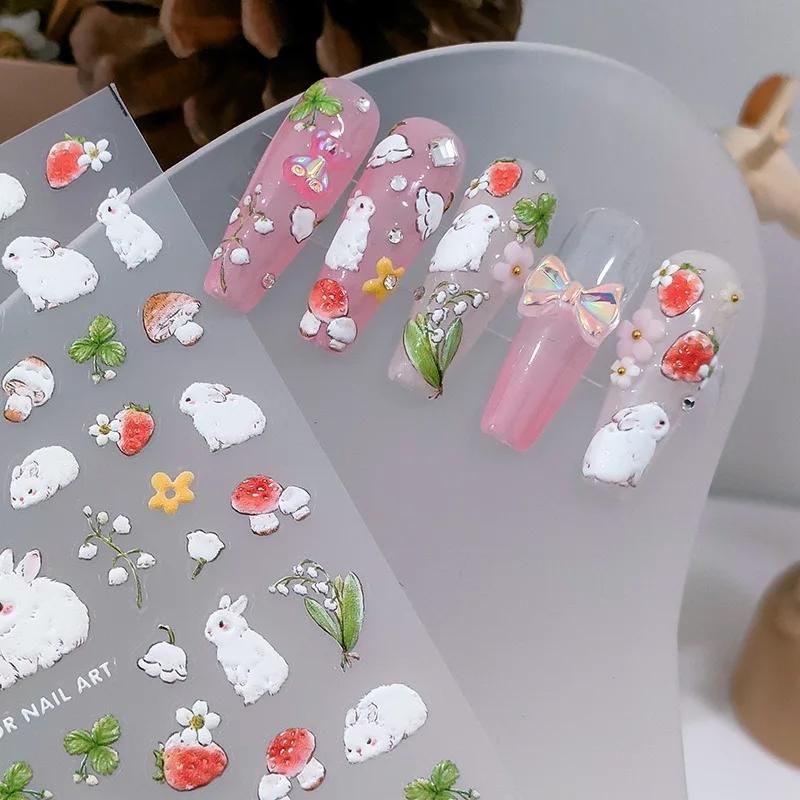 Lovely Strawberry Rabbit Cartoon 5D Embossed Reliefs Self Adhesive Nail Art Decorations Stickers 3D Manicure Decals