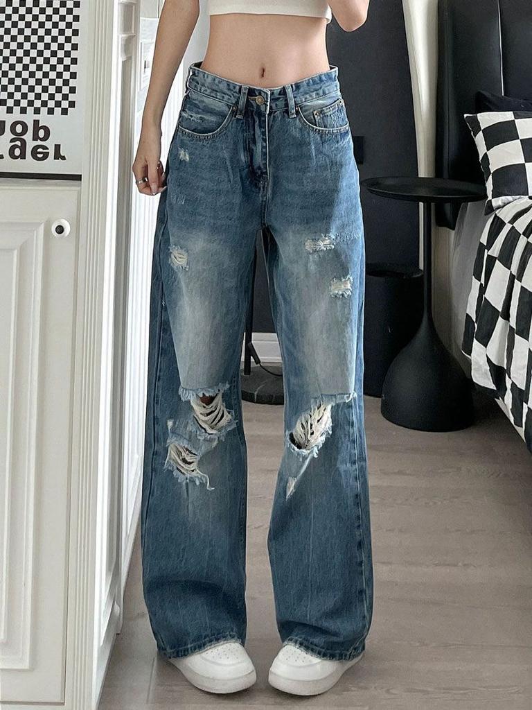 Pear-shaped body jeans women's autumn new American fat mm large size loose and thin high waist wide leg trousers