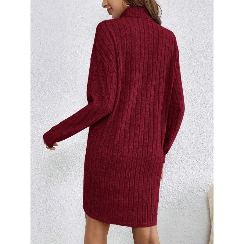 Women S Casual Solid High Neck Long Sleeve Knit Dress