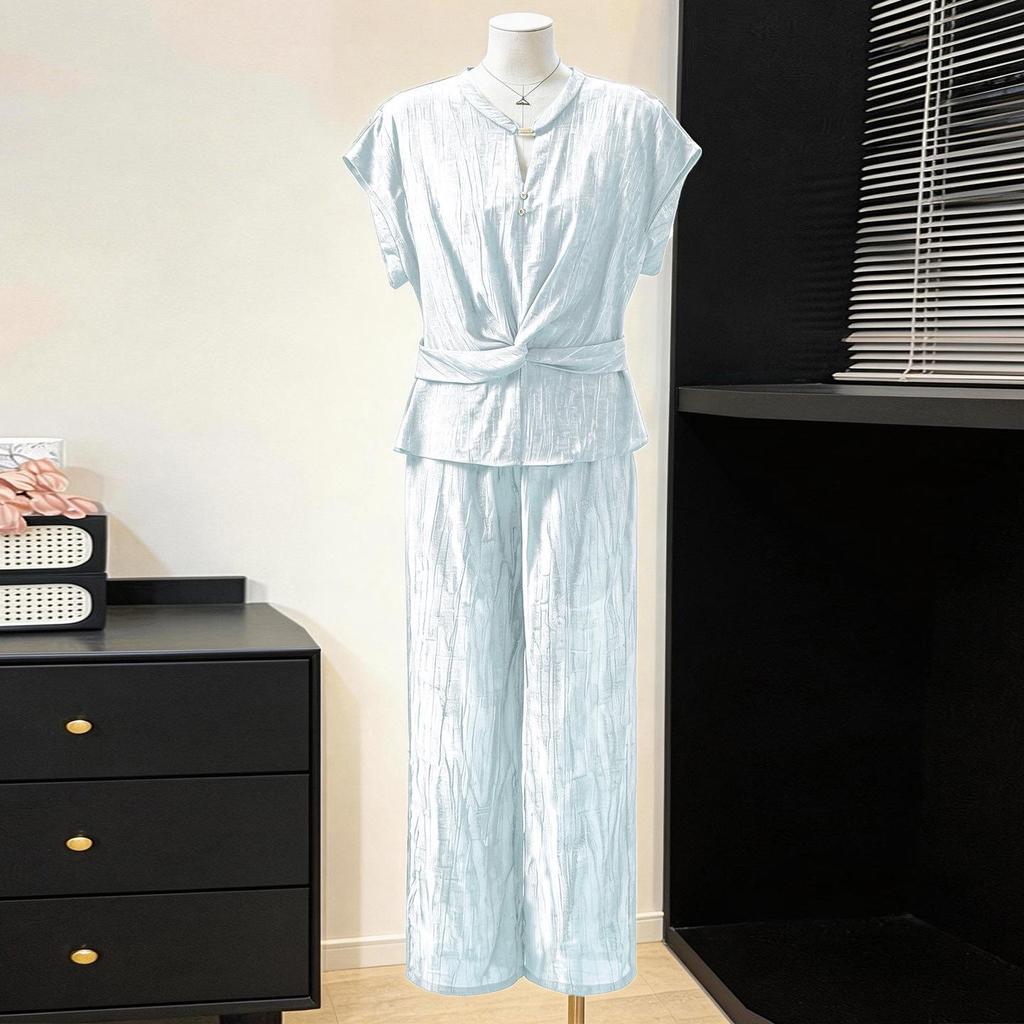 2026 Summer Slimming Two-Piece Set: Waist-Cinching Top & High-Waisted Wide-Leg Pants