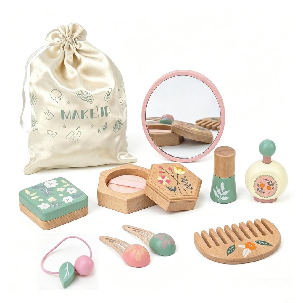 Julanpo Makeup Set Toy, Natural Wood, Colorless Kids' Cosmetics, with Storage Pouch, Scandinavian Style, Muted Colors, Pretend Play, Educational Toy f