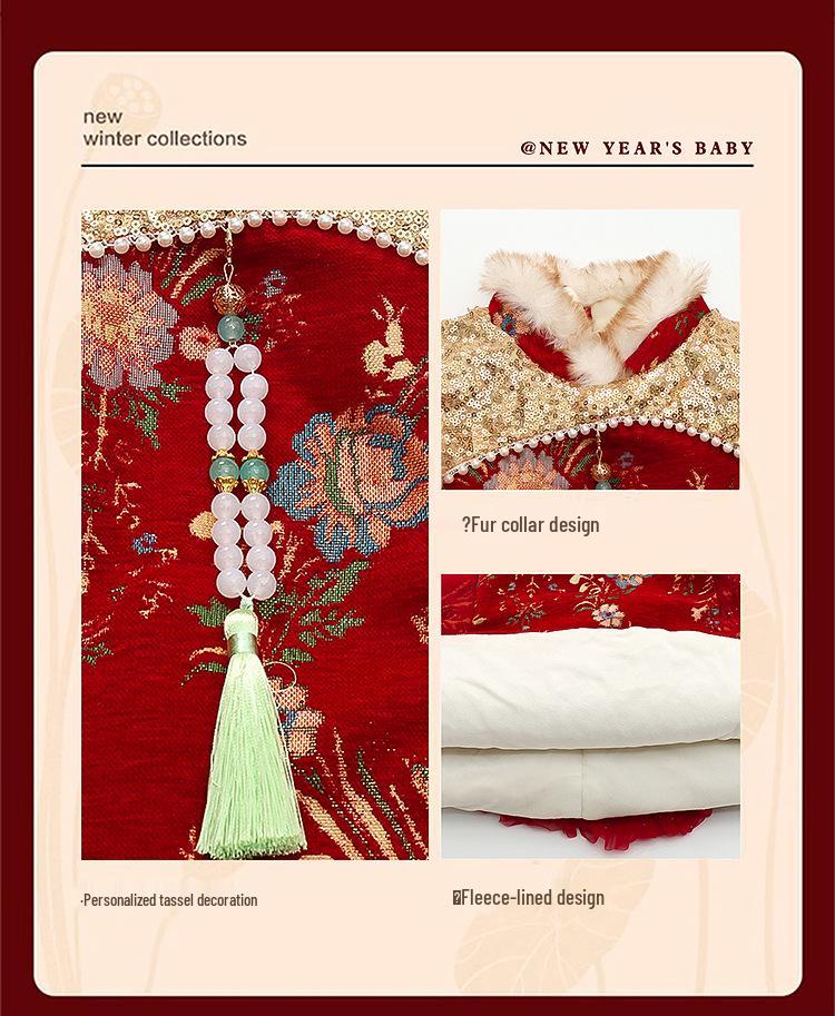 Jupe Hanfu Qipao Festive d'Hiver pour Filles - Style Chinois Épais pour le Nouvel An Combinaison Tang Vêtement Formel