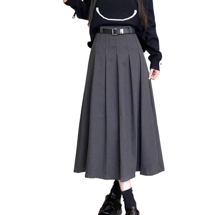 High Waist Woolen A-line Pleated Midi Skirt for Women - Autumn/Winter 2025 Style