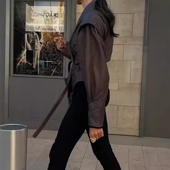 2024 Autumn/Winter Cross-border Fashion Lapel Tie Long Sleeve Leather Jacket