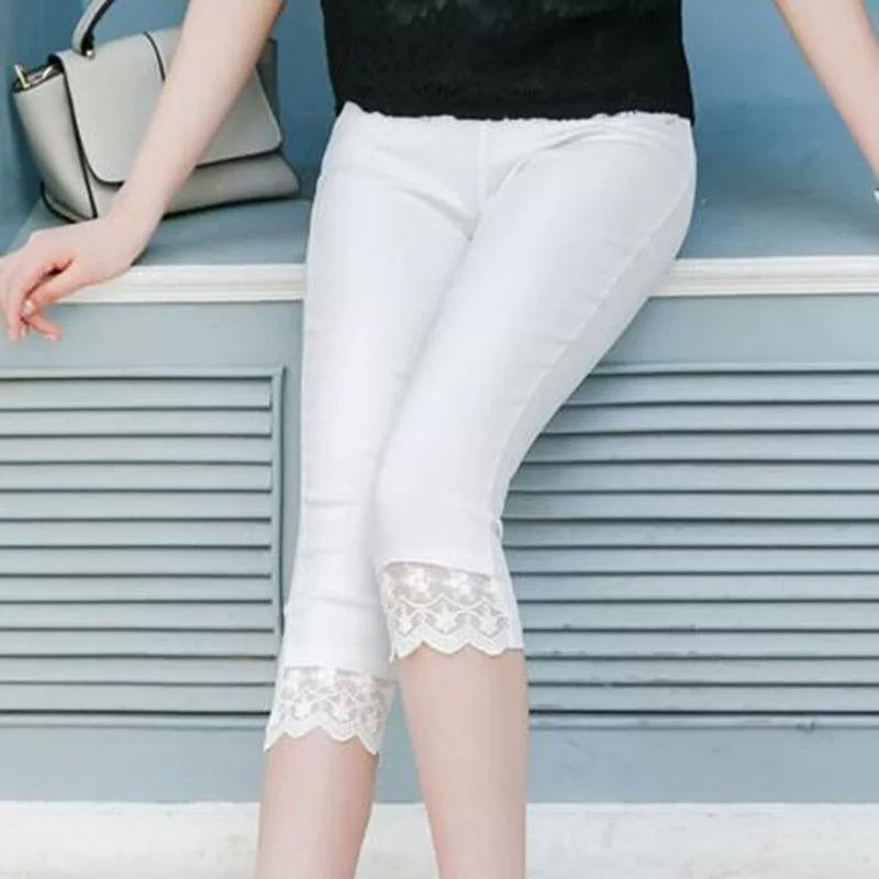 Pantaloni de vară, elastici, subțiri, cu talie înaltă, cu fund, culoare uni Pantaloni de șapte minute în secțiune subțire