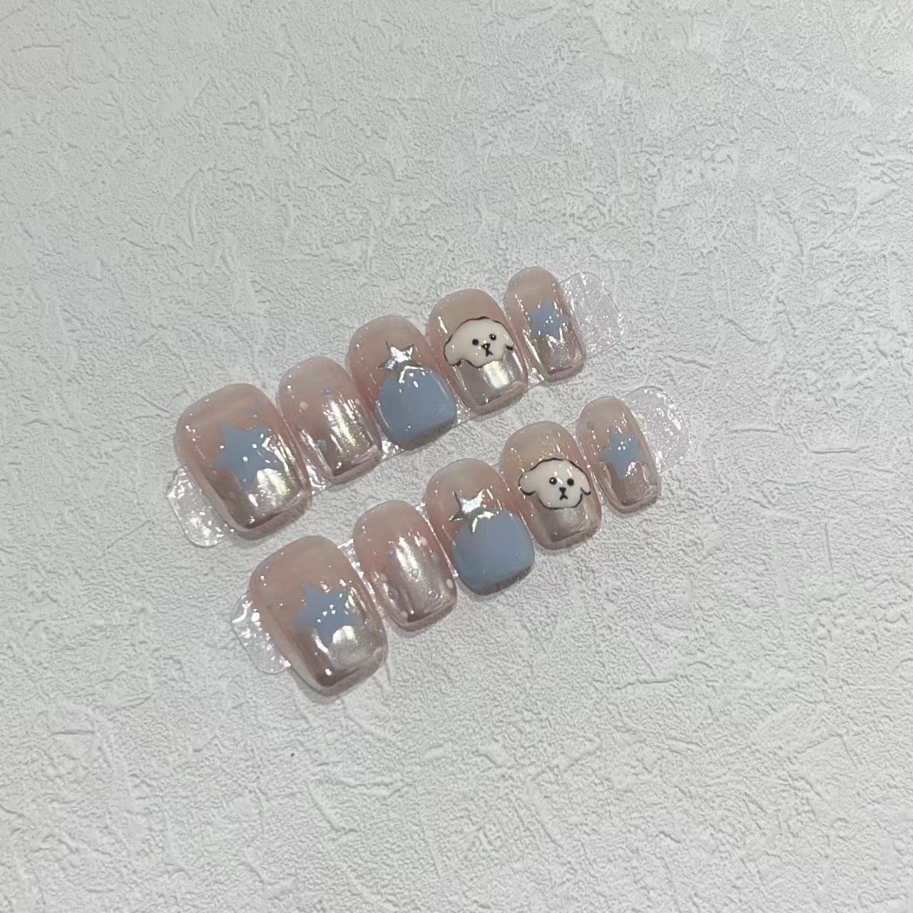 

Милый короткий маникюр, накладные ногти, броня в стиле Ins, накладные ногти, расписанные вручную, маленький щенок, волшебное зеркало, французский студент, короткие ногти Extra small XS