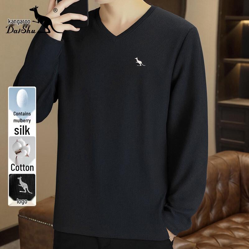 

DAISHU Men s Spring Silk-Cotton Blend Waffle Knit V-Neck Long Sleeve T-Shirt 48