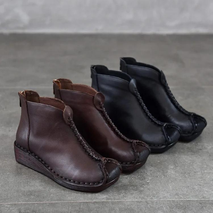 Johnature Versatile Genuine Leather Women's Wedges Shoes Retro Cowhide Soft Soled Short Boots