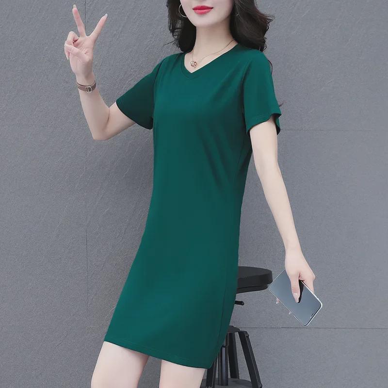 Mid-length 2024 Summer T-Shirt Dress - Loose, Slim, Round Neck, Age-Defying, Short-Sleeved Trend for Middle-Aged Women