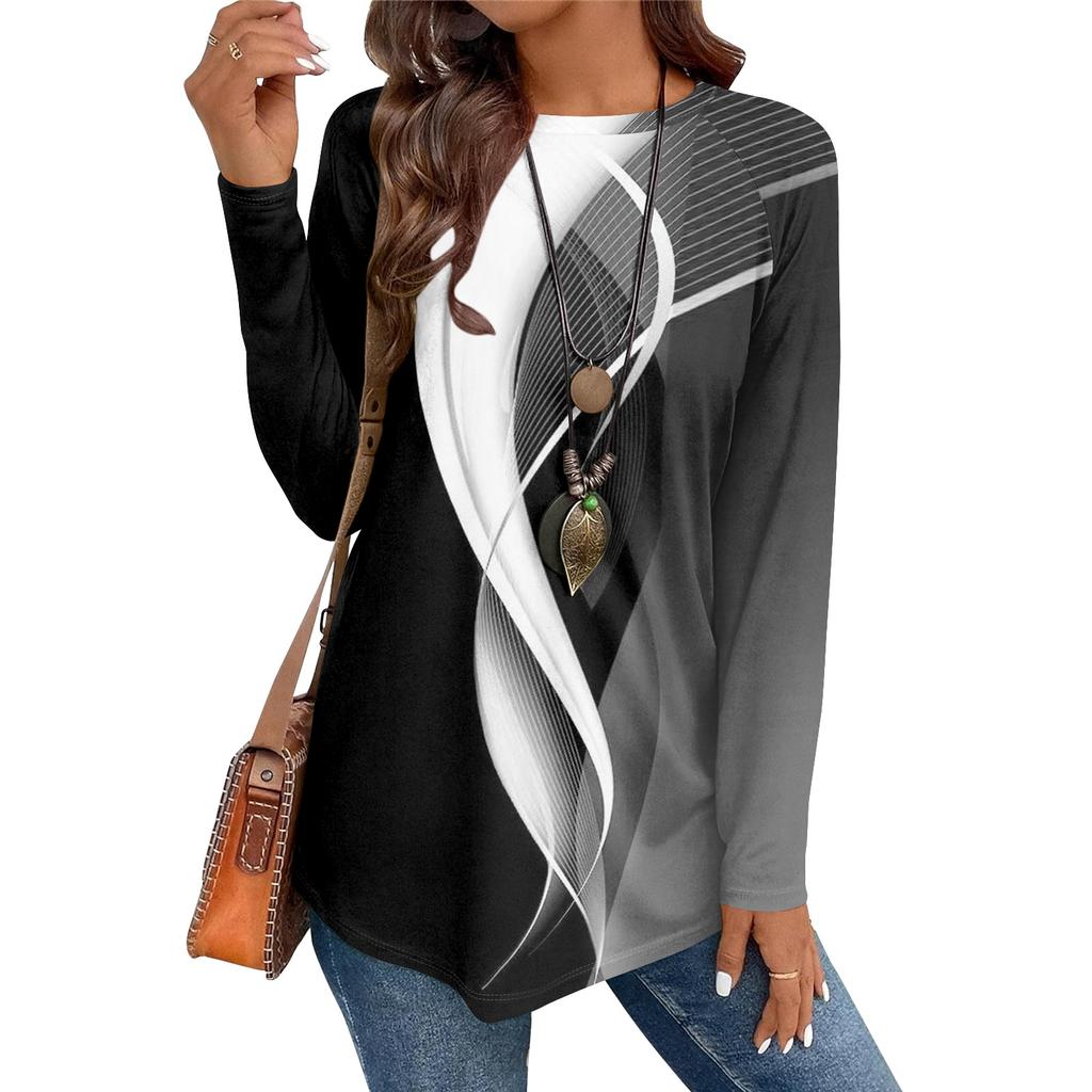 Dámské ležérní nadměrné tričko s dlouhým rukávem, kulatým výstřihem, vintage etnickým potiskem, top, pulovr